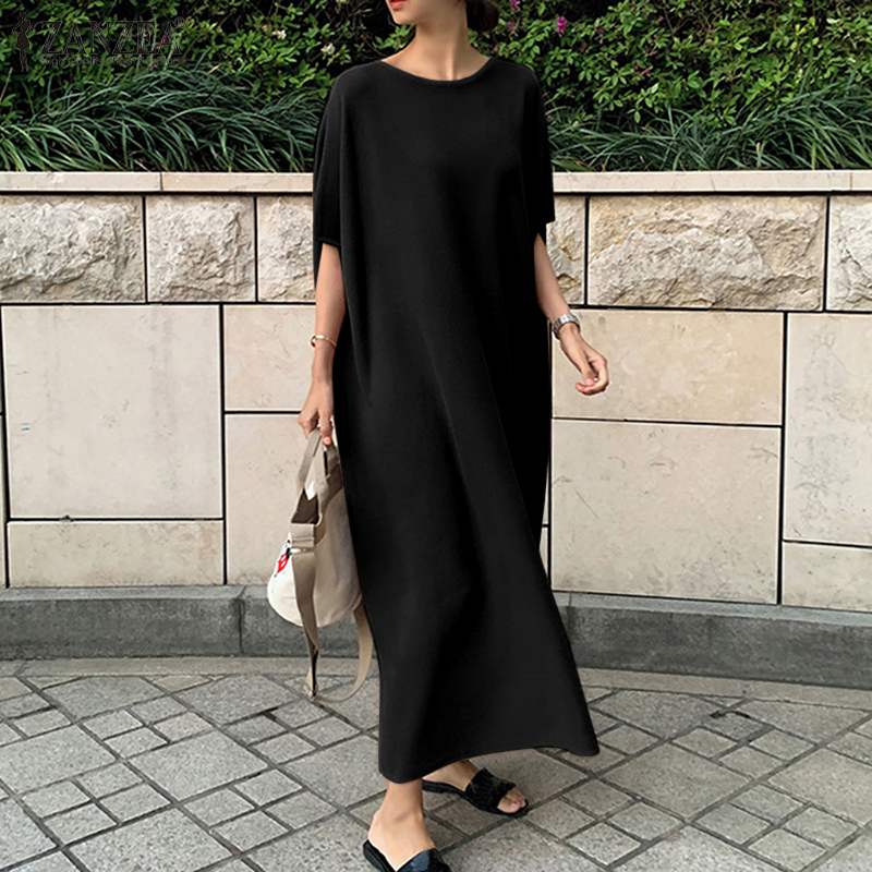 ZANZEA Summer Maxi Dress Holiday Sundress Women Half Sleeved Baggy Vestiods Solid Robe Mid-Calf Length Beach Dresses