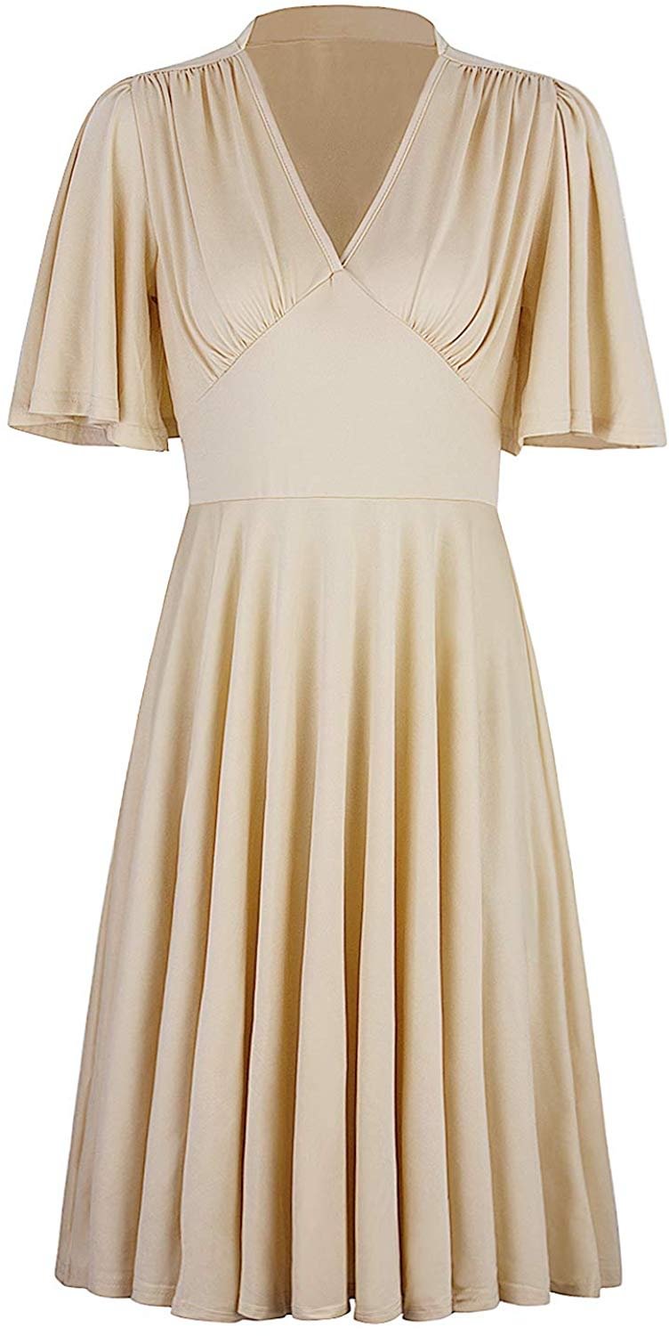 Womens Vintage 1920s V Neck Rockabilly Swing Evening Party Cocktail Dress with Sleeves