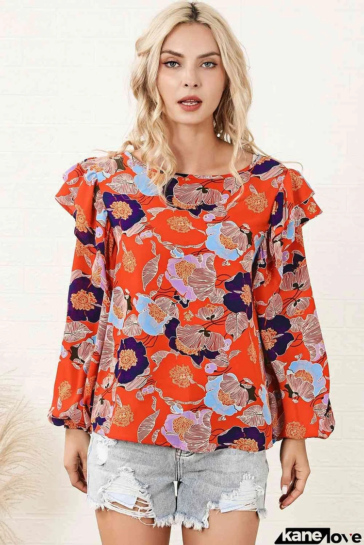 Floral Round Neck Ruffled Blouse