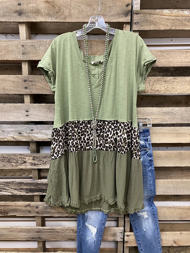 Green Leopard V Neck Cotton Short Sleeve Shirts & Tops Zaesvini