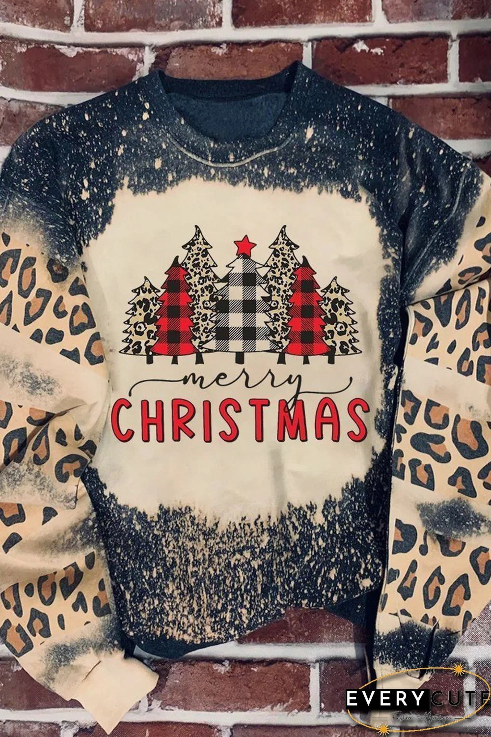 Black Merry Christmas Multi Tree Print Leopard Sleeve Sweatshirt