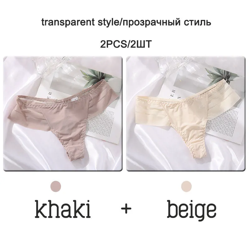 FINETOO 2Pcs/set Sexy Thongs Women Low Waist G-string Panties Fashion Hollow Out Seamless Underwear Perspective Underpants 2021