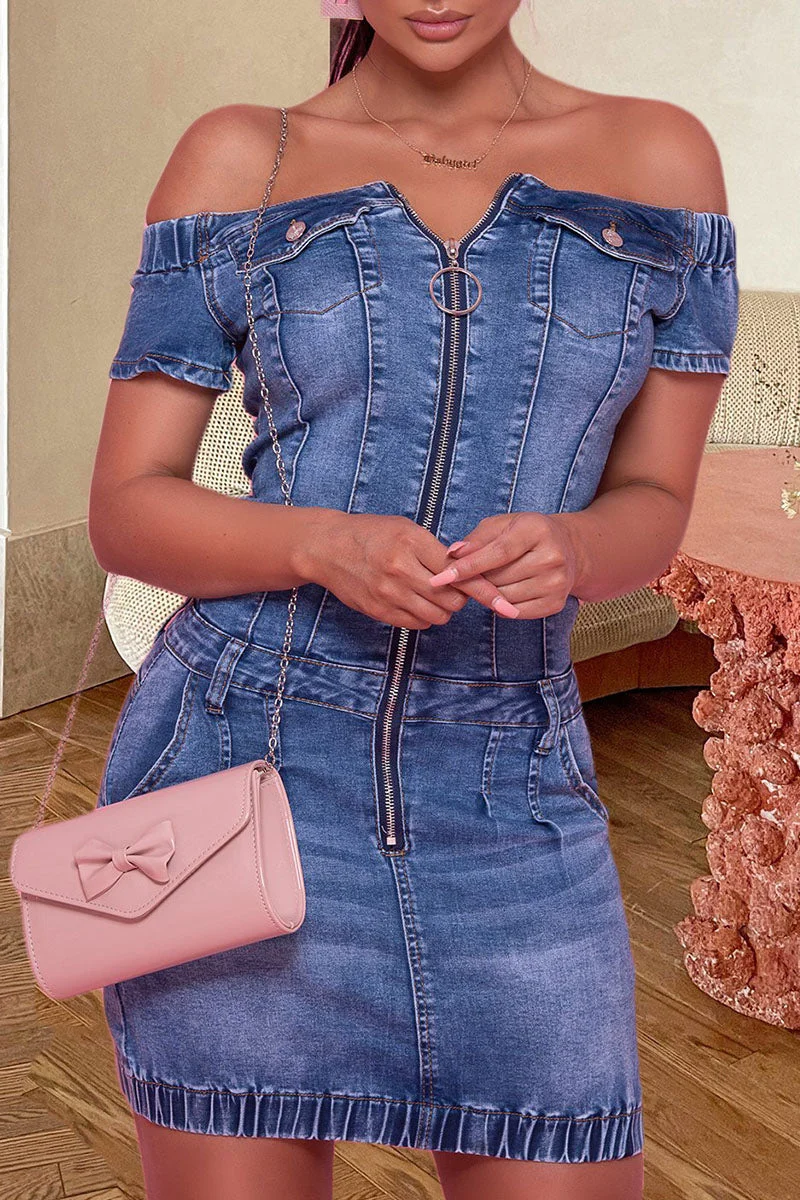 Fashion Street Solid Split Joint Off the Shoulder Short Sleeve Denim Dresses