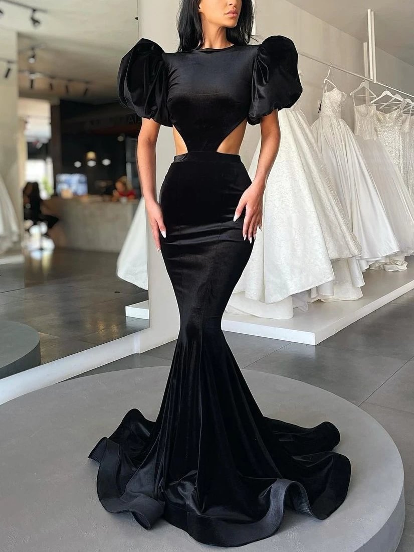 Zachics Classic mermaid puff sleeves backless little black dress evening dress-zachics