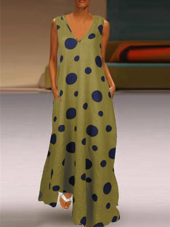 Women's Sleeveless V-neck Polka Dot Maxi Dress