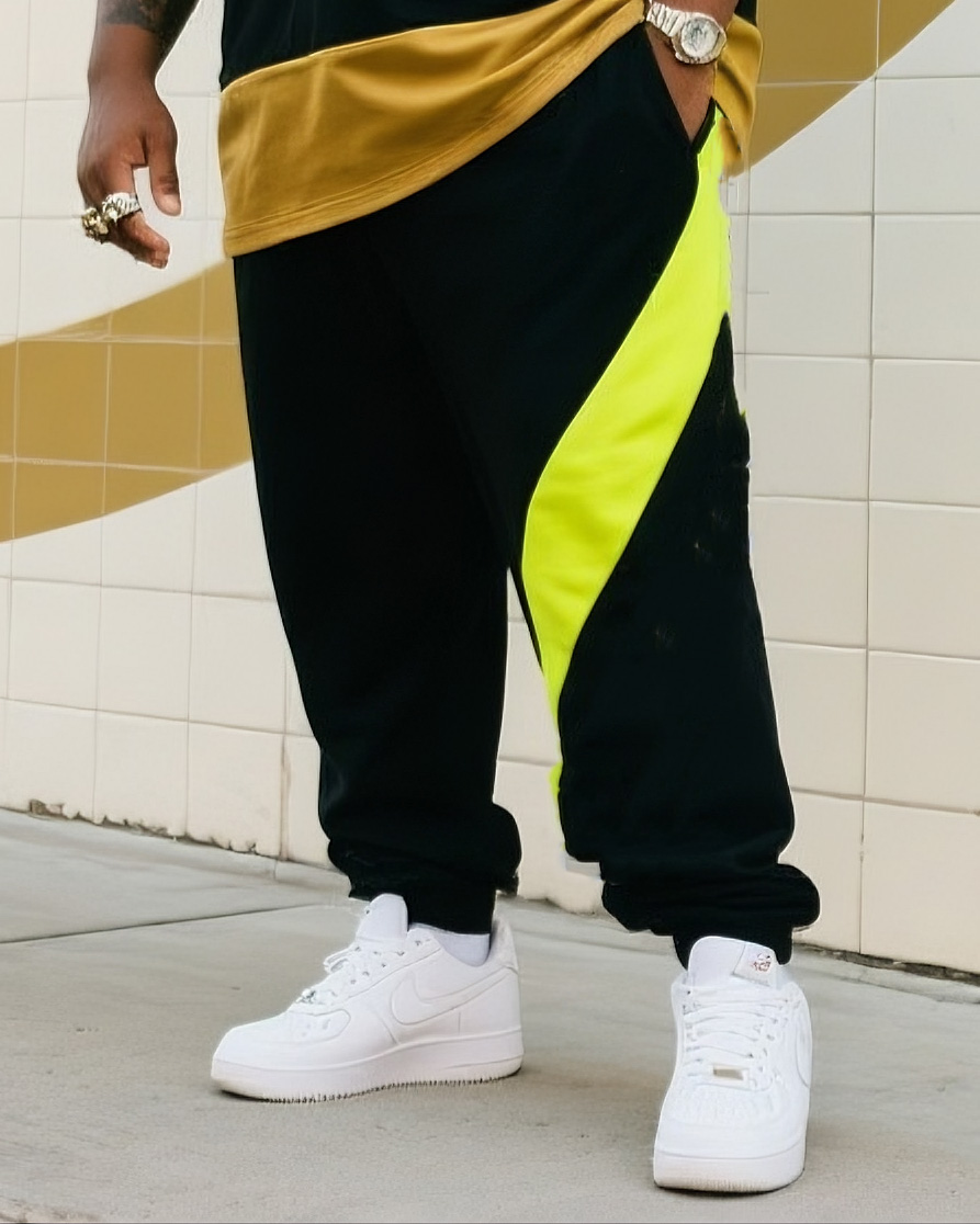 Big Boy's Daily Casual Laminated Black Spelling Fluorescent Green Plus Gold Laminated Round Neck Short Sleeve T-Shirt Striped Trousers