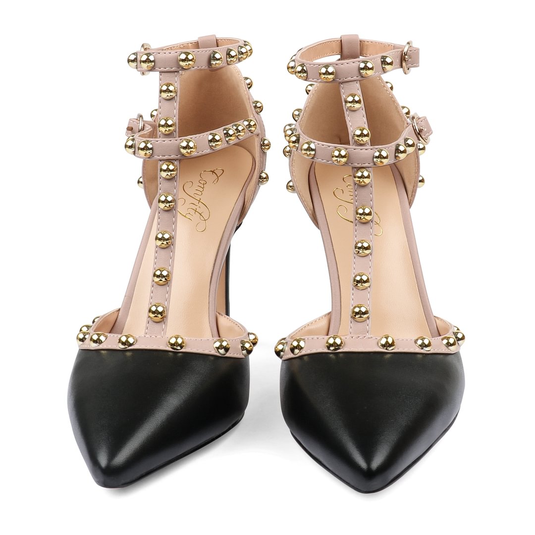 100mm Womens Pointed Toe Pumps Round Rivets Ankle Strap Sandals-MERUMOTE