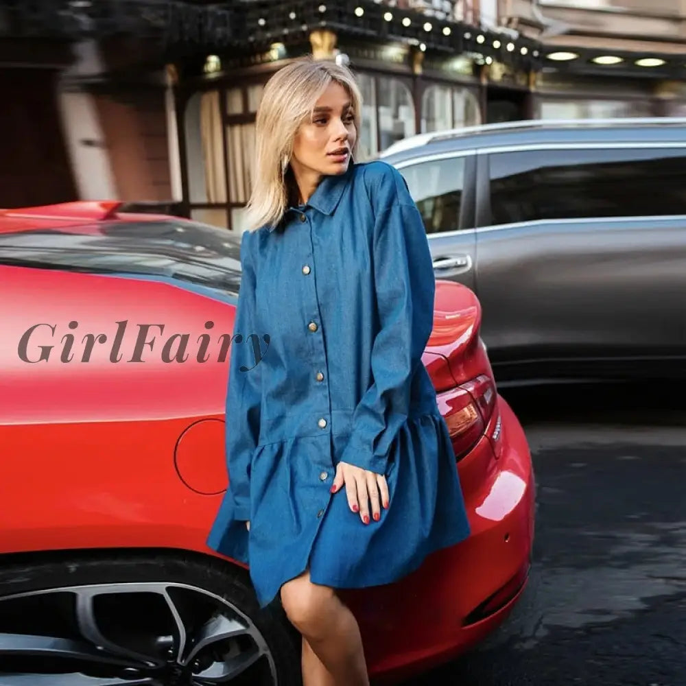 Girlfairy Women Lantern Sleeve Ruffle Shirt Dress Casual Solid Turn Down Collar Loose Mini Autumn