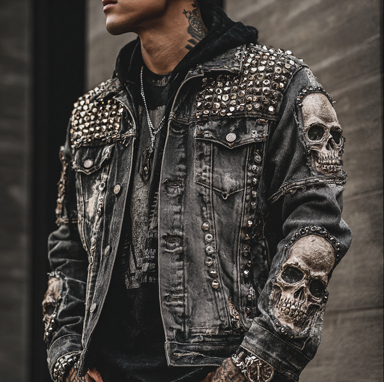 Rock Punk Skull Rivet Element Retro Distressed Heavy-duty Men's Denim Jacket