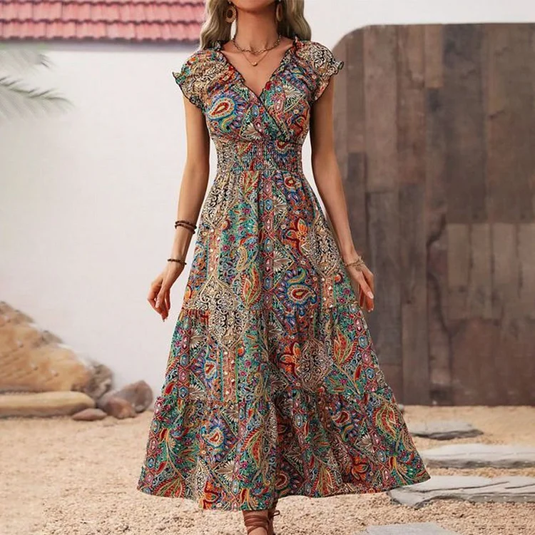 Retro Paisley Short Sleeve Maxi Dress