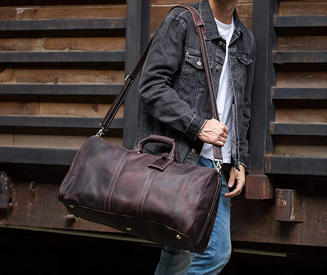 22 Inch Full Grain Leather Travel Duffel Weekender Bag Overnight Duffle Bag For Men