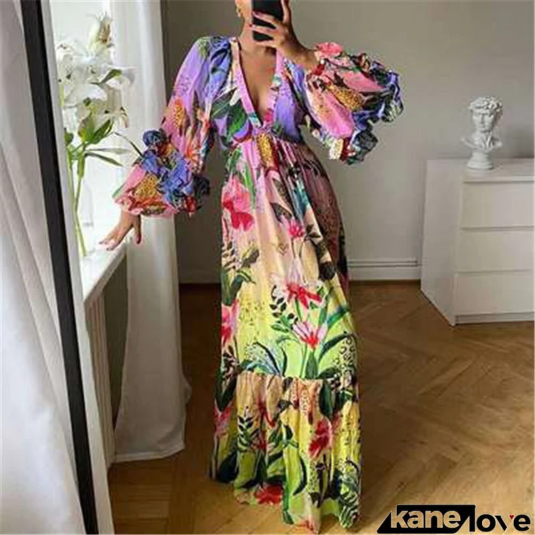 S-4XL Women Sweet Plus Size Party boho Dating V Neck Gradient Color Floral Printed Ruffle Maxi Dress