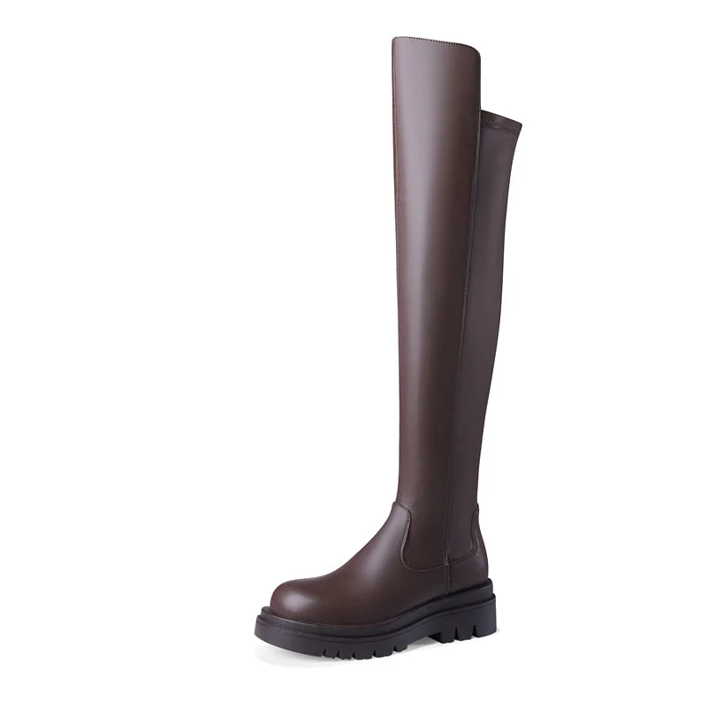 Meotina Genuine Leather Riding Boots Women Platform Flat With Shoes Round  Toe Zipper Ladies Over The Knee Boots Autumn Brown 40