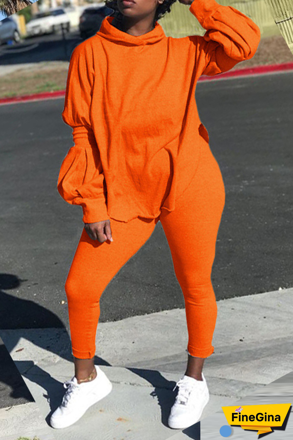 Pink Street Solid Patchwork Hooded Collar Long Sleeve Two Pieces