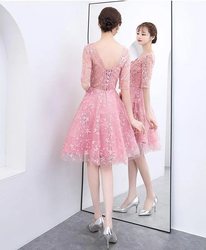 Round Neck Pink Short Lace Prom Dress, Pink Lace Homecoming/Bridesmaid/Graduation Dress