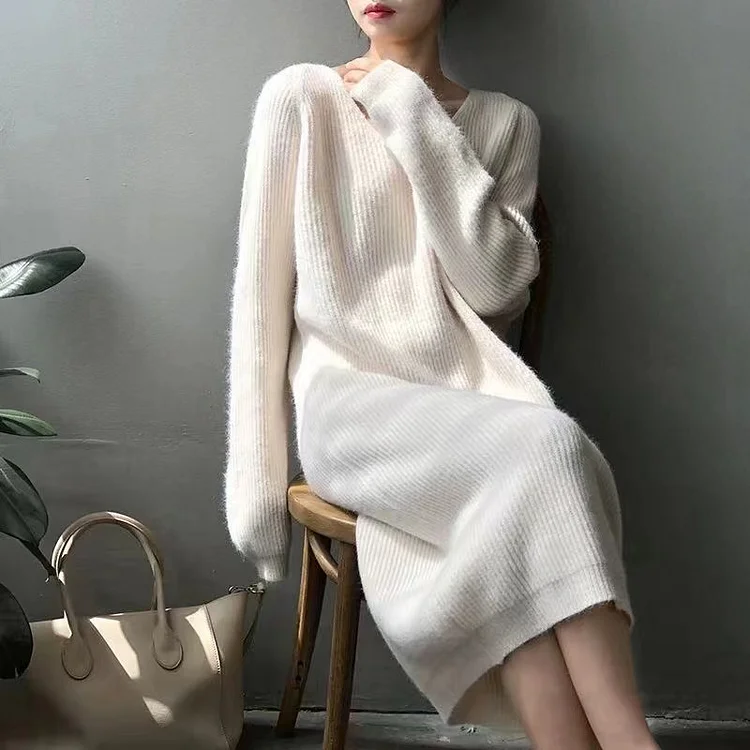 Fashion V-Neck Soft Waxy Sexy Temperament Midi Sweater Dress