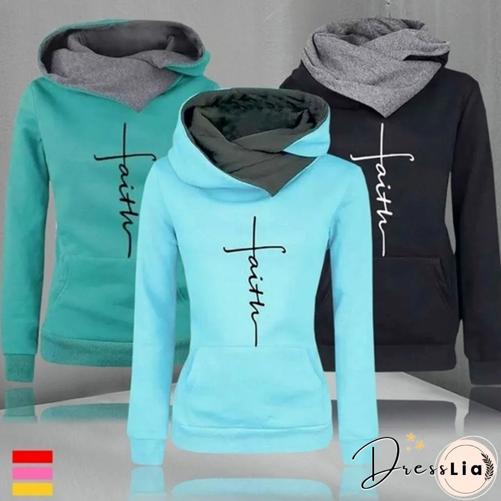 Autumn And Winter Fashion Faith Hoodies Lapel High Collar Long Sleeve Hooded Sweatshirts Ladies Casual Pullover Sweater