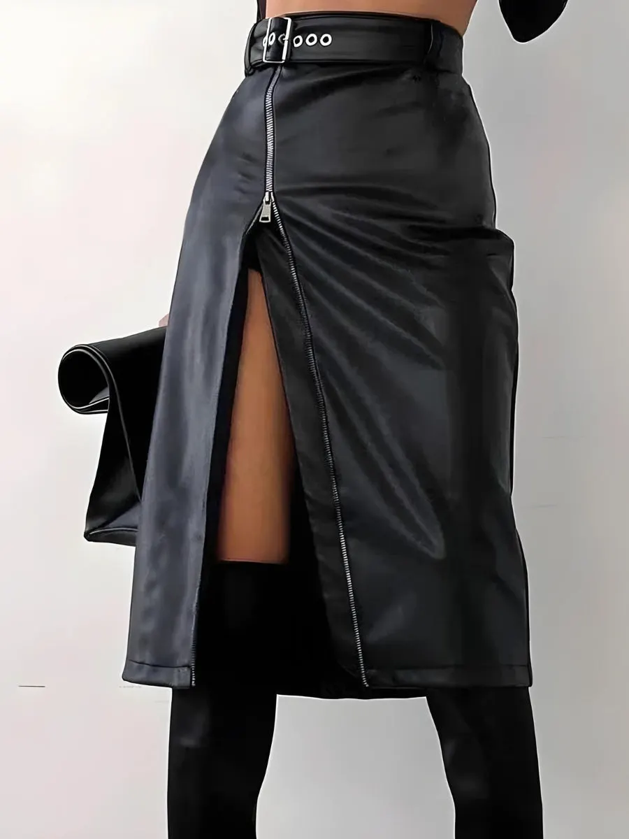 Brownm Zip Up Slit Midi Pencil Skirt