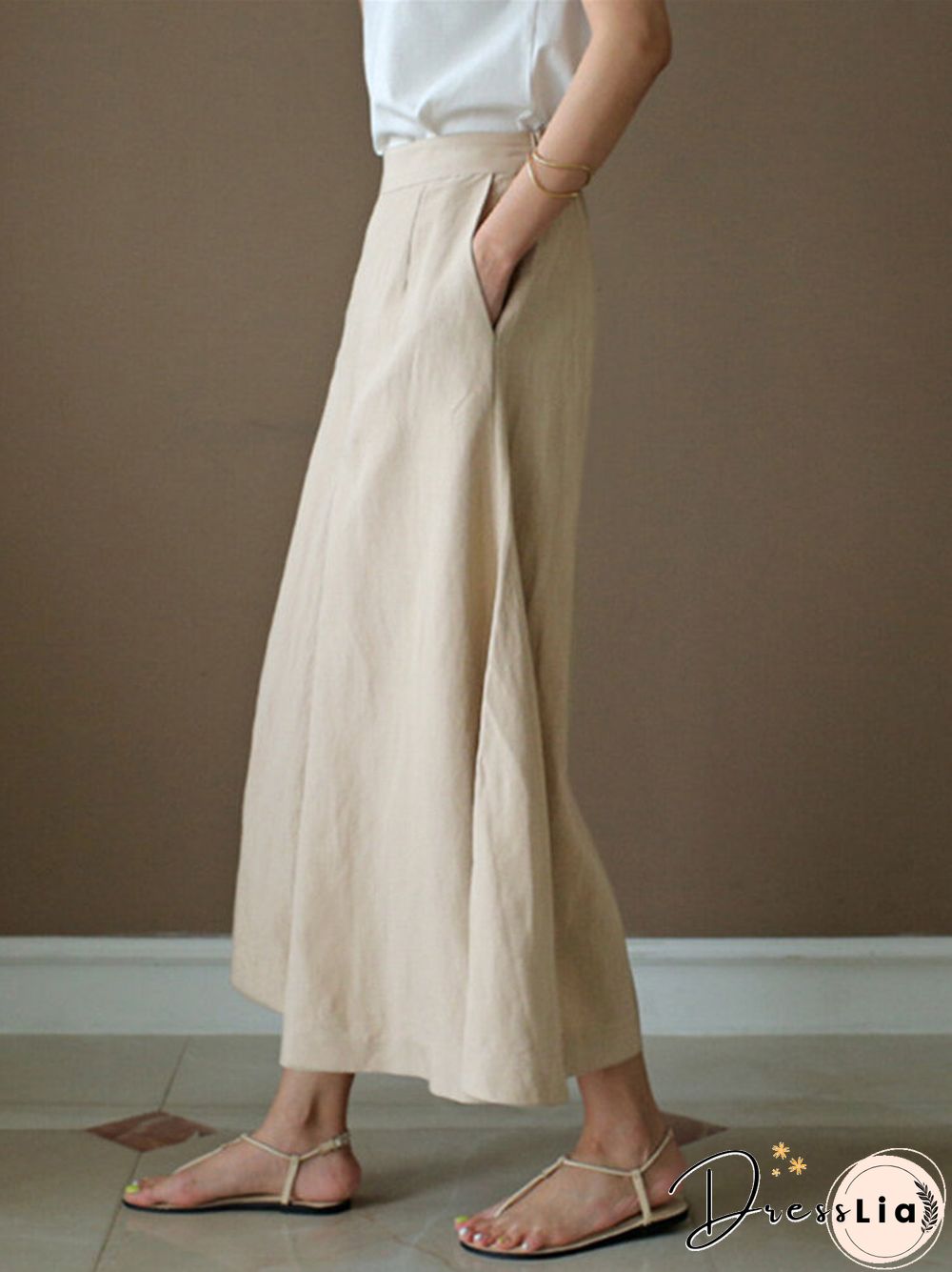 Solid A-line Pocket Loose Crop Wide Leg Pants