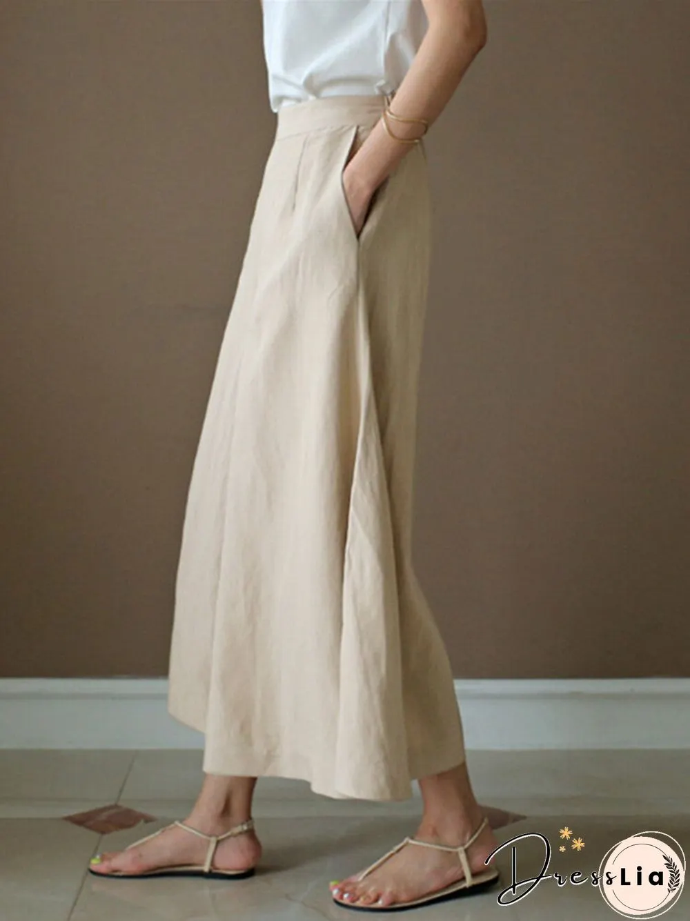 Solid A-line Pocket Loose Crop Wide Leg Pants
