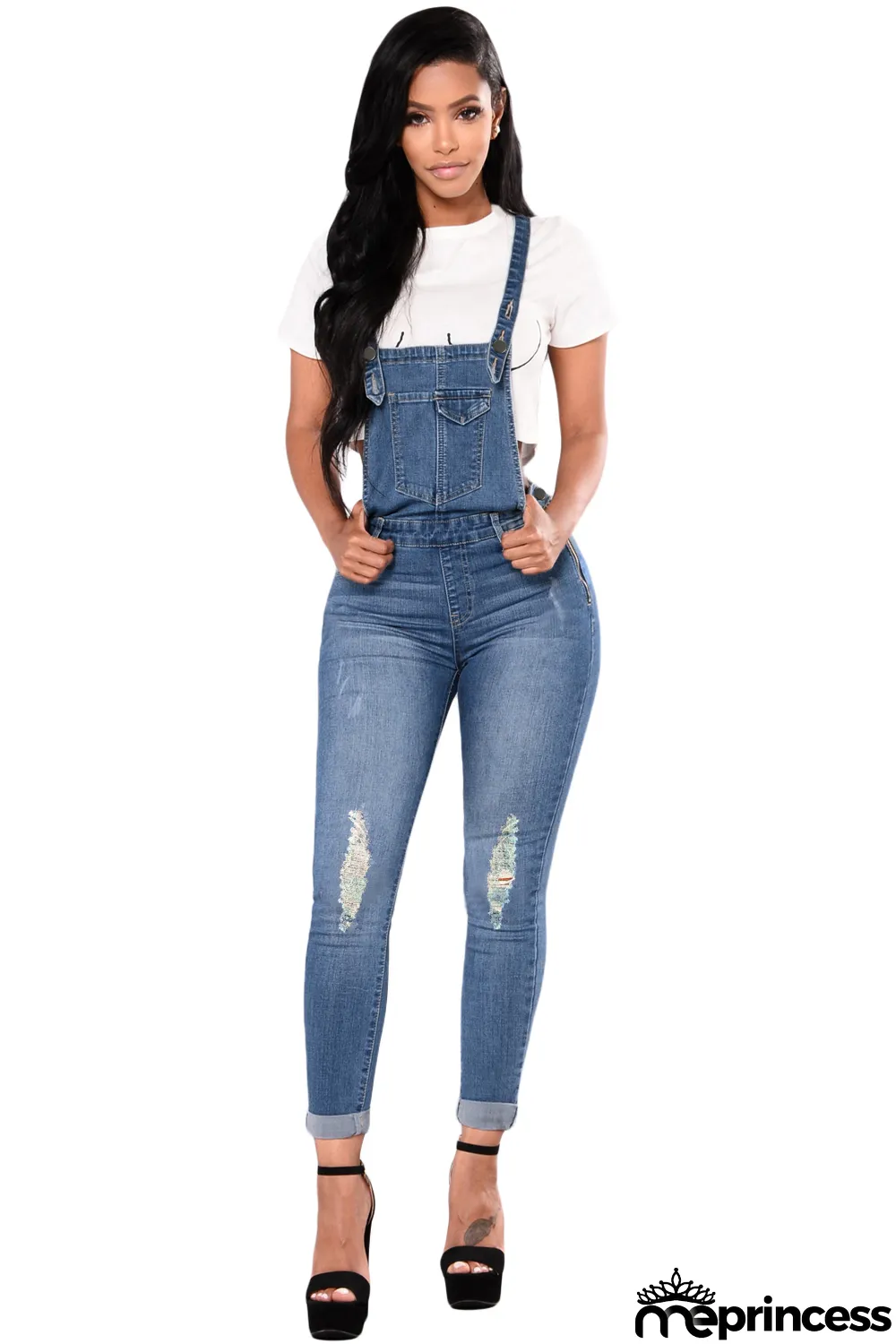 Light Blue Distressed Skinny Denim Overall