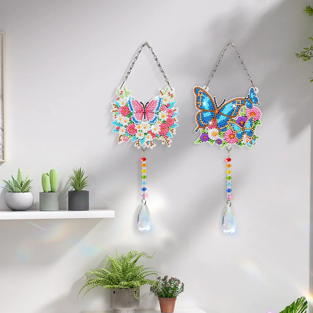 2Pcs Flowers and Butterflies DIY Acrylic Diamond Painting Art Wind Chimes with Crystal Pendant Diamond Art Hanging Pendant Double-Sided for Adults Beginners Gift Home Garden Decor