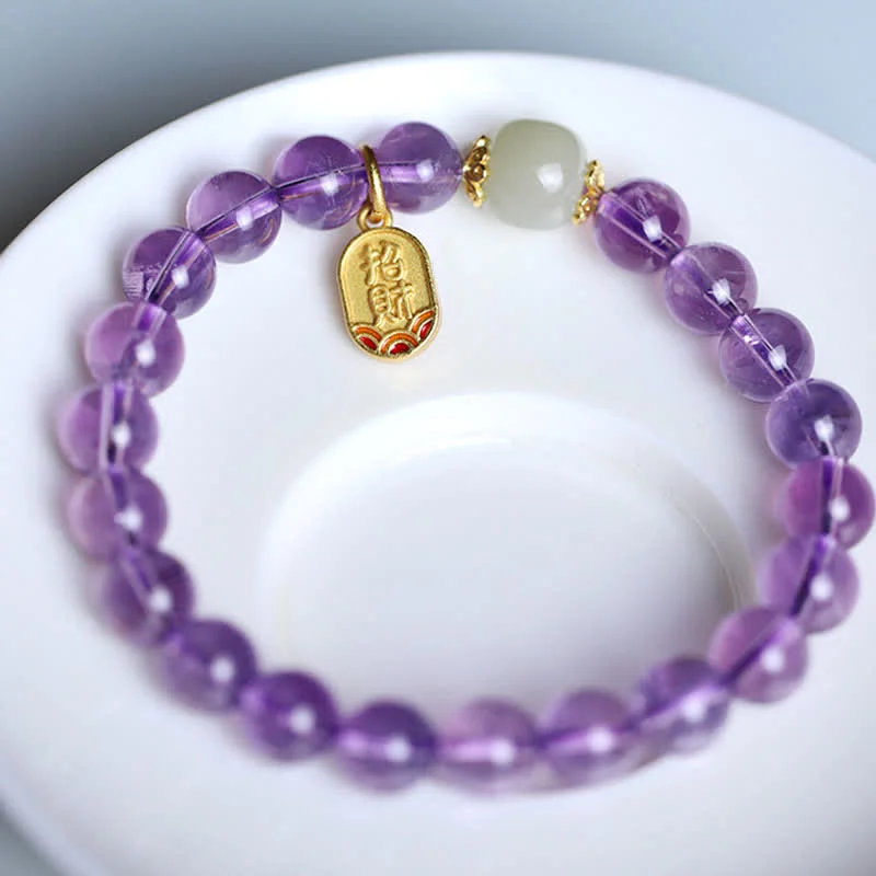 Natural Amethyst Crystal Hetian Jade Healing Charm Bracelet