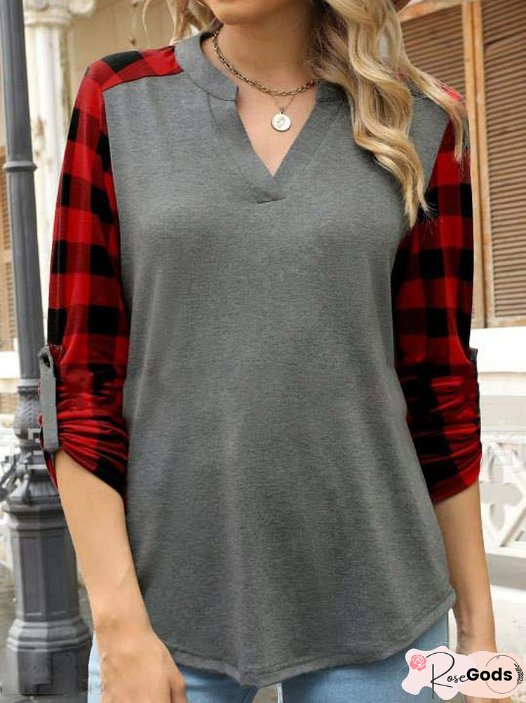 Casual Check Panel V-Neck Long Sleeve T-Shirt