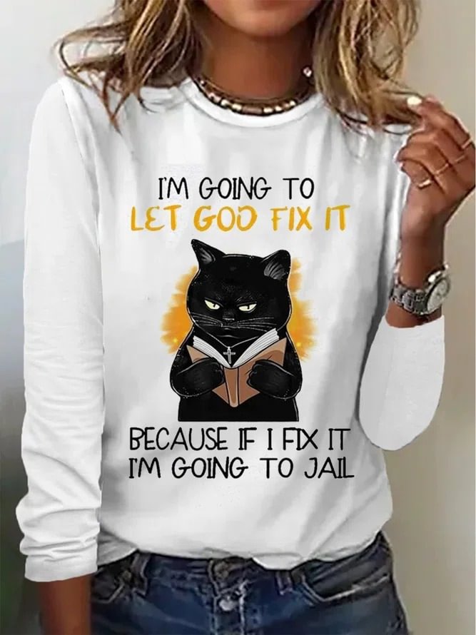 Casual Text Letters Cat Crew Neck Loose Long sleeve T-Shirt