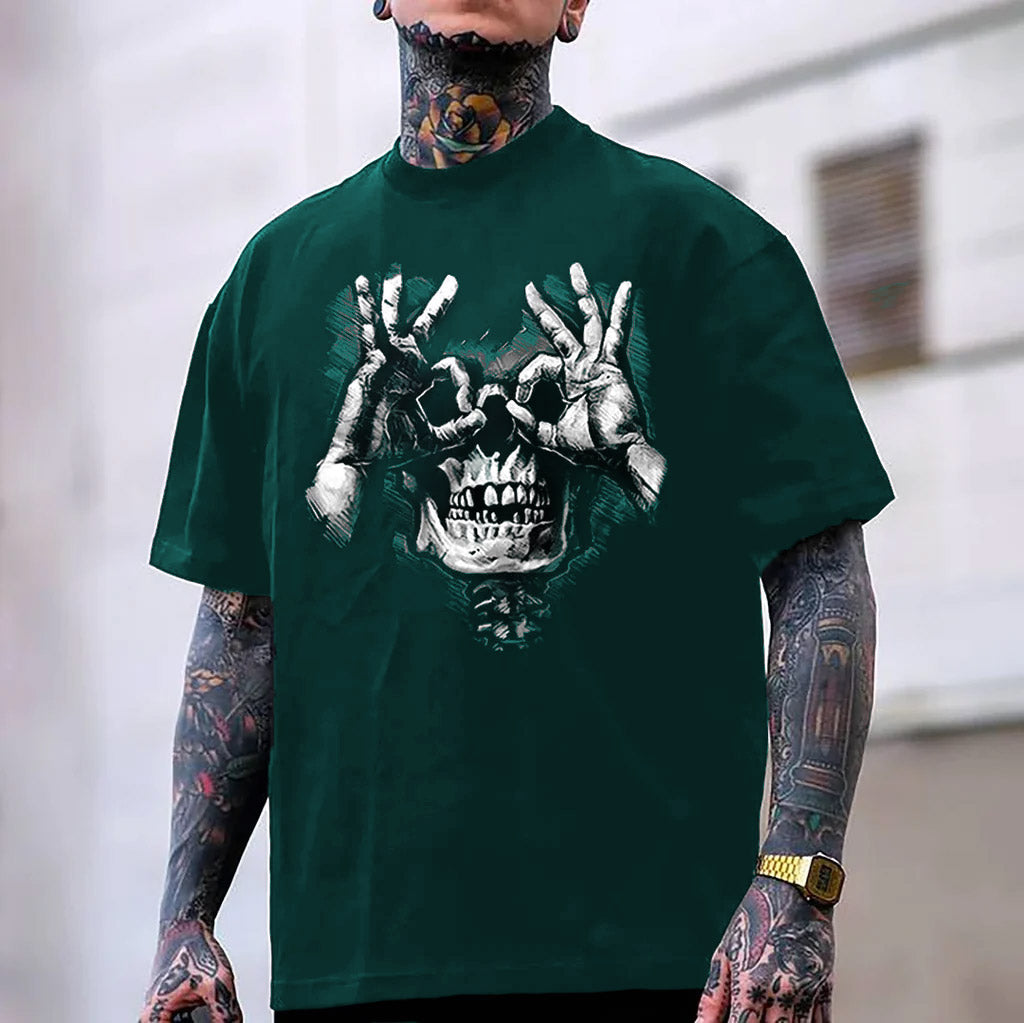 Skull with OK Pattern Graphic Casual Black Print T-shirt