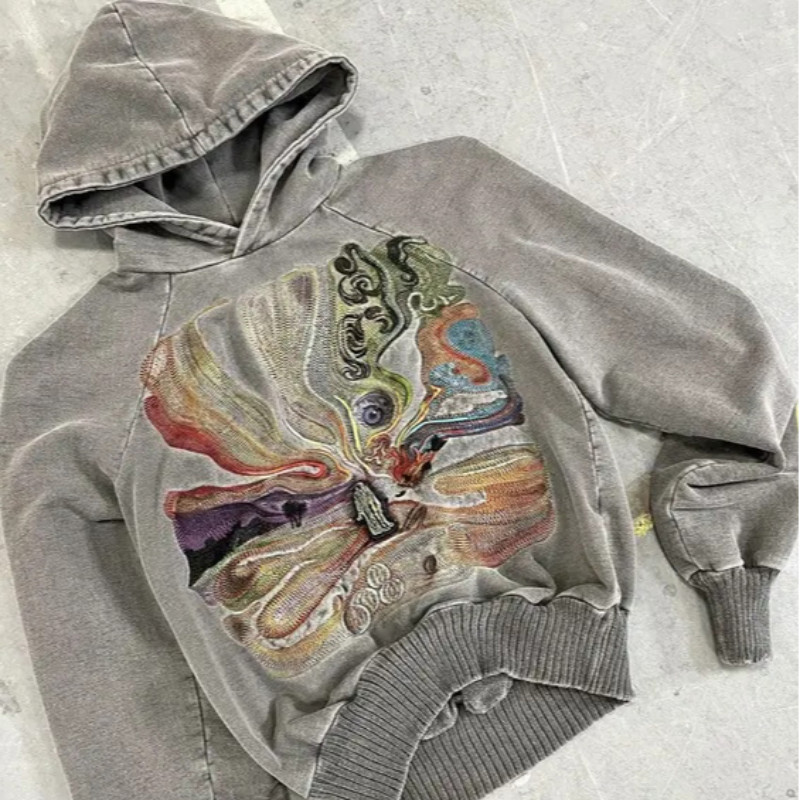 Abebey-American retro embroidery, washed and distressed loose fitting hoodie, unisex Harajuku ins street trend hoodie  winter outfits men Fall Outfits Outwear Streetwear y2k 90s Fashion 