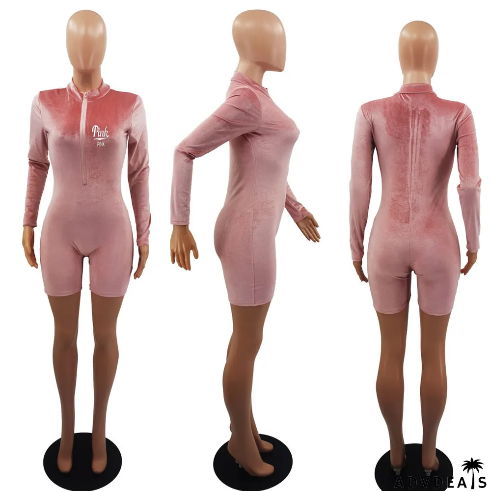 Velvet PINK Letter Print Zipper Long Sleeve Rompers