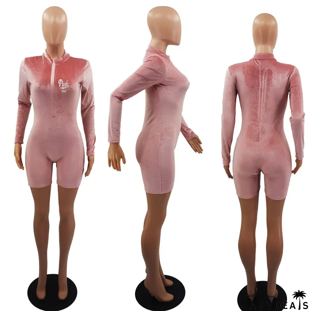 Velvet PINK Letter Print Zipper Long Sleeve Rompers