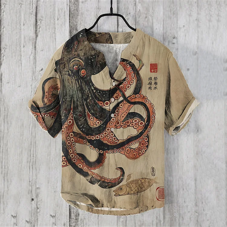 Comstylish Men's Octopus Art Printed V Neck Casual Shirt