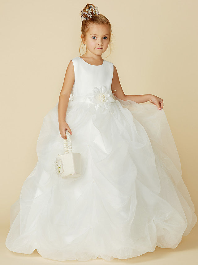 Oknass Ball Gown Sleeveless Jewel Neck Floor Length Flower Girl Dress Organza Satin With Sash Ribbon Bow 