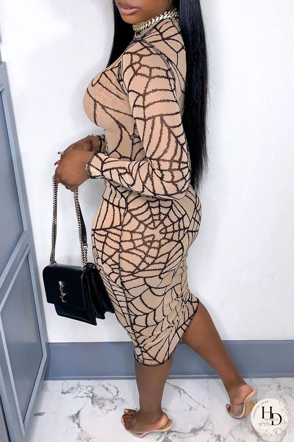 Black Sexy Print Split Joint O Neck Pencil Skirt Dresses