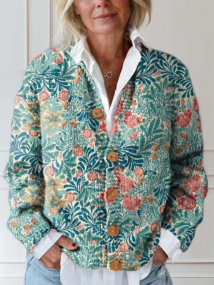 Women's Vintage Floral Art Print Buttoned Cardigan Sweater