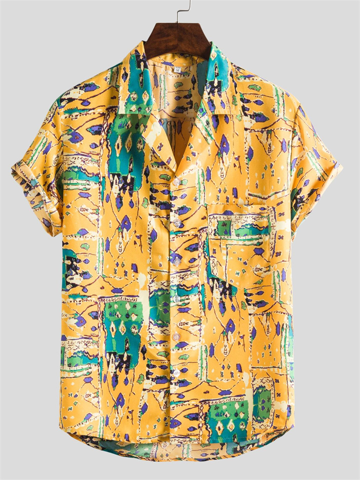 Men's Casual Vacation Style Sports Loose Colorblocking Slim Printed Short-sleeved Lapel Pocket Shirt Men's Cardigan
