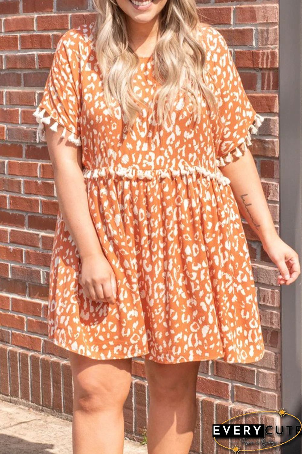Orange Printed Tasseled Plus Size Swing Mini Dress