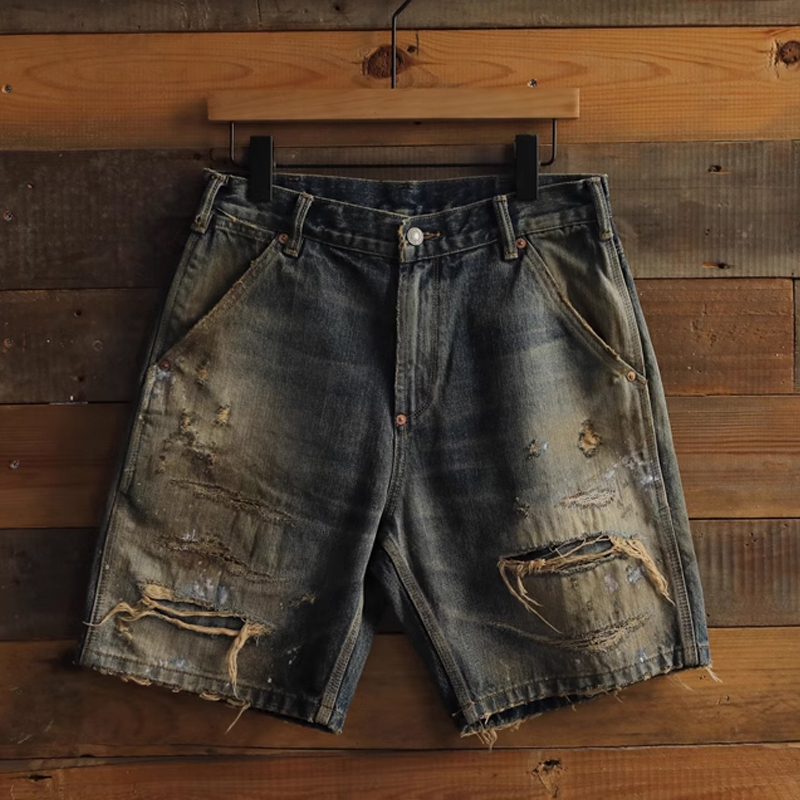 Men's Washed Ripped Patch Distressed Denim Shorts