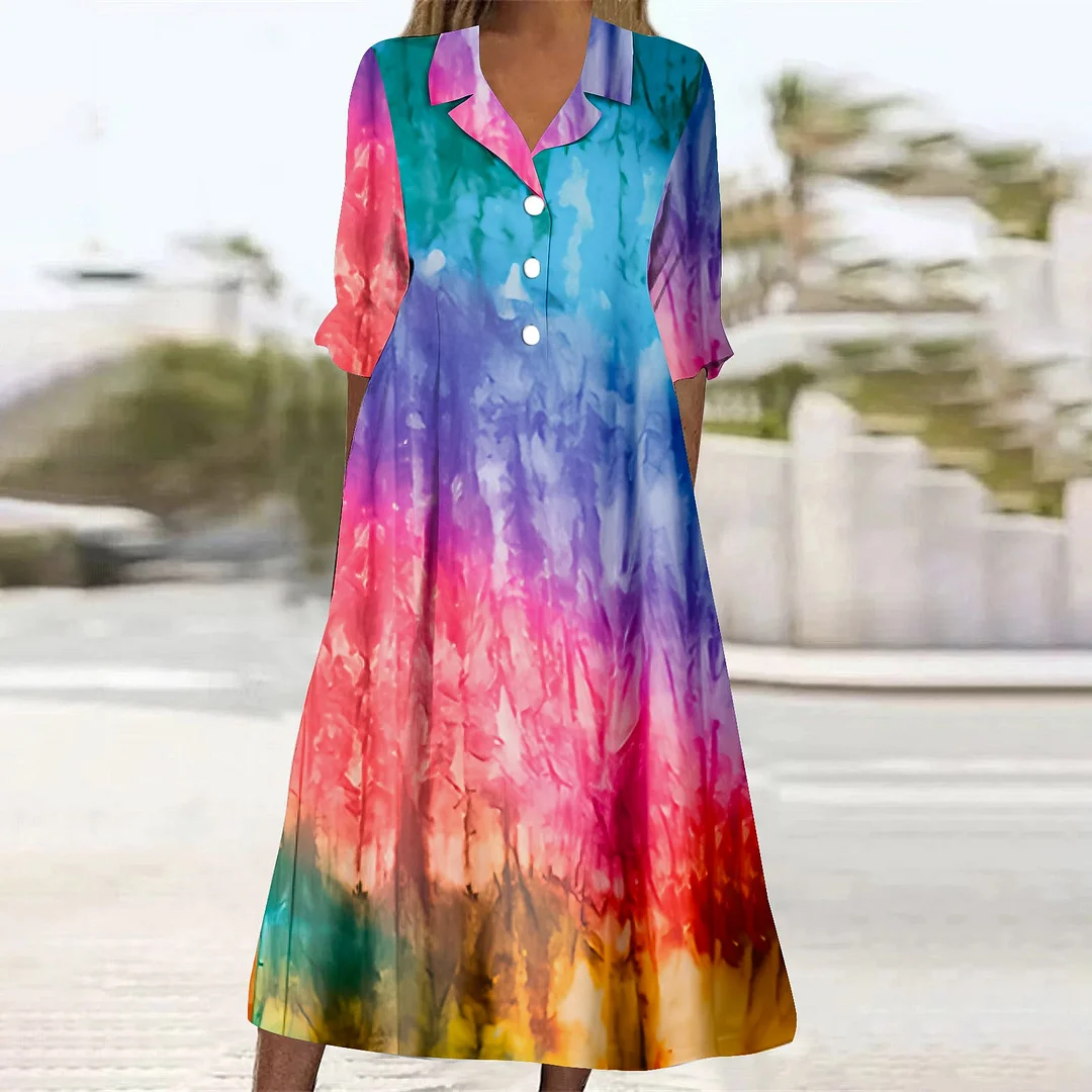 Women Casual Loose Dress with Pockets in Pattern Tie-Dye, Red, Blue