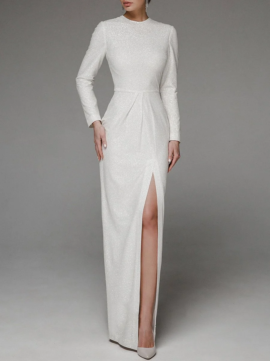 Shiny long-sleeved high-slit maxi dress
