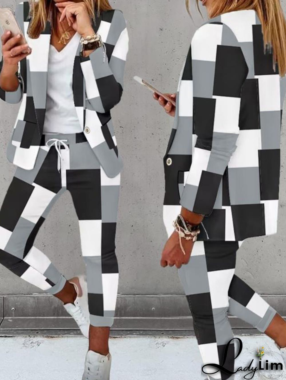 Casual Colorblock Allover Pattern Blazer & Pants 2 Pcs Set