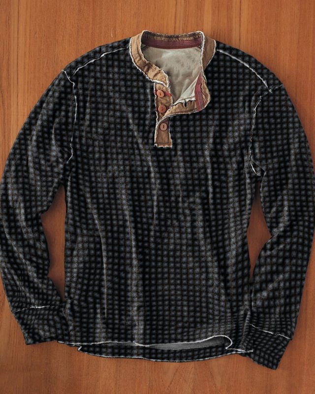 Men's Casual Fashion Waffle Check Long Sleeve T-Shirt