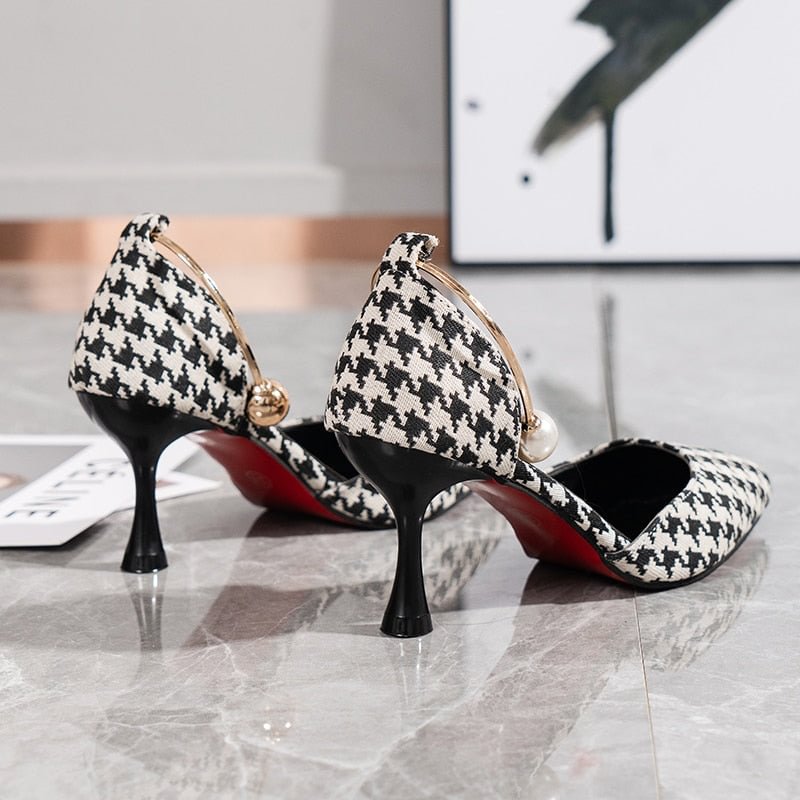 2022 Sexy Ladies High Heels Women Stiletto Houndstooth Color Matching Metal Pointed Toe Shoes For Wedding Women