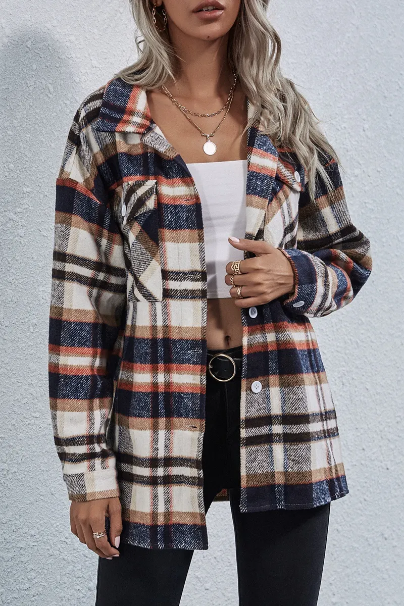 Long Sleeve Casual Plaid Woolen Coat