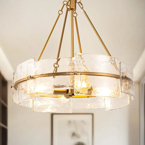 4-Light Gold Glass Chandeliers, Dining Room Drum Crystal Light Fixture Adjustable Height, Farmhouse Round Hanging Lighting, Modern Chandeliers for Kitchen Island, Living Room, Bedroom Gold 4-Lights