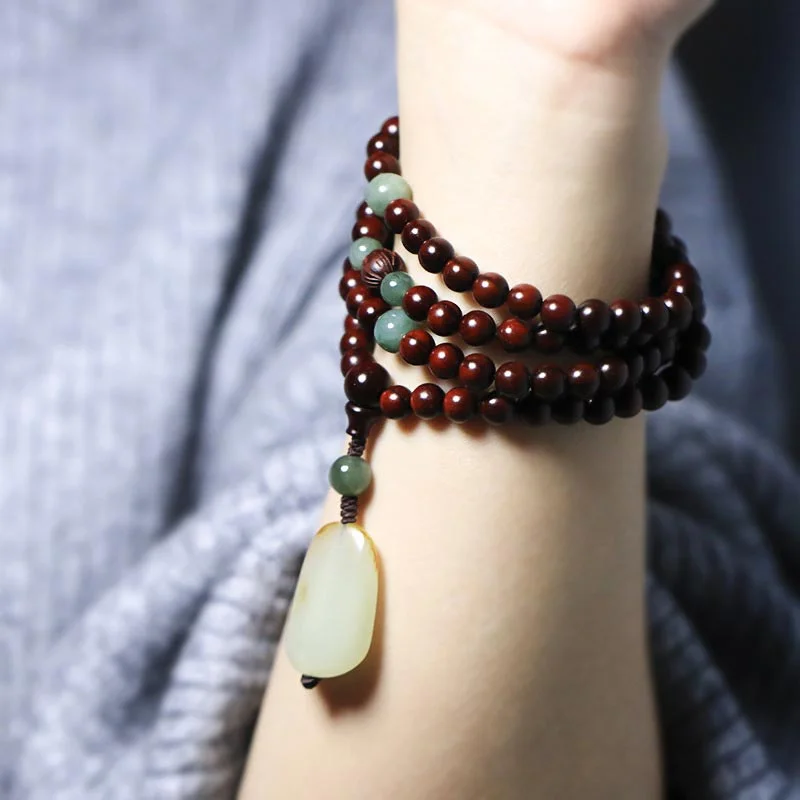 Small Leaf Red Sandalwood Tibetan Jade Mala Meditation Bracelet