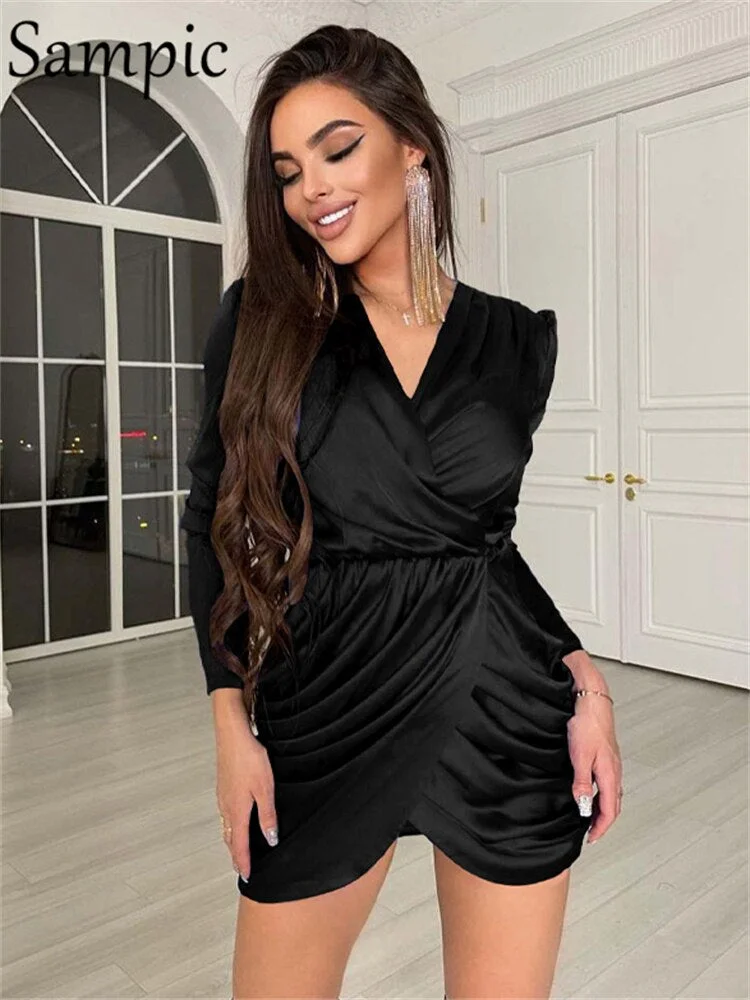 Sampic Sexy V Neck Women Long Sleeve Satin Fashion Club Winter Party Mini Bodycon Dress 2021 Autumn Wrap Ruched Black Dresses