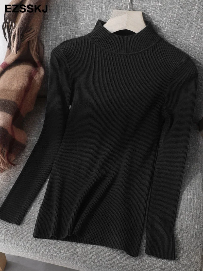 2021 Knitted Women high neck Sweater Pullovers Turtleneck Autumn Winter Basic Women Sweaters Slim Fit Black
